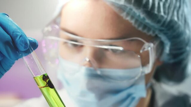Medical scientist inspecting microgreens, wearing protective unform, working in laboratory. Food research, genetic Modifications of Product. Microbiologist analyzing lab-grown greenery plants.