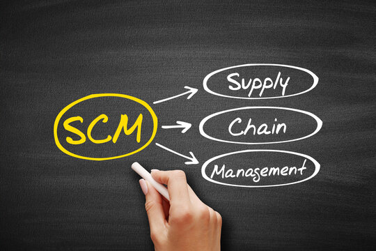 Supply Chain Management (SCM), business concept acronym on blackboard
