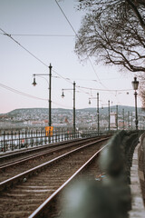 Budapest Public Transport. Iconic Yellow Tram Tracks. Sunset in the Background