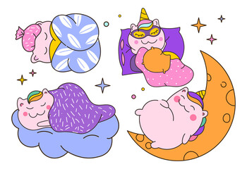 Set of small sleeping unicorns