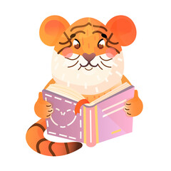 Cute tiger reading book. Animal reading. Illustration for kids. Cartoon cute animal.