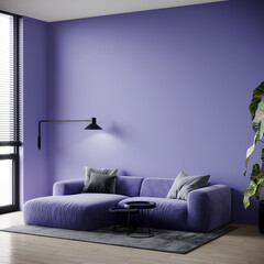Living room design interior in very peri trend color 2022. Lavender wall and blue violet sofa. Mockup blank space. 3d rendering © Viktoriia Lytvyn