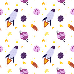 Vector  seamless space pattern in a flat style with white background. Planets, rocket, constellations, stars, comets in trendy colors. Suitable for designing textiles, packaging, products for children