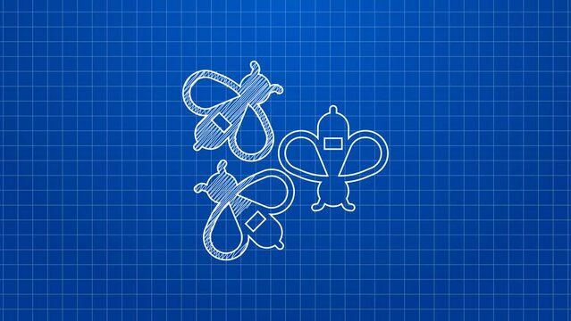 White line Bees icon isolated on blue background. Sweet natural food. Honeybee or apis with wings symbol. Flying insect. 4K Video motion graphic animation