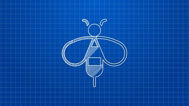 White line Bee icon isolated on blue background. Sweet natural food. Honeybee or apis with wings symbol. Flying insect. 4K Video motion graphic animation