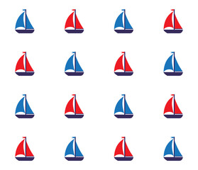 Sailboat drawing pattern in red and blue color. Cute background design.