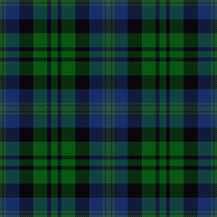 Blue, green and black tartan plaid. Scottish pattern fabric swatch close-up. 