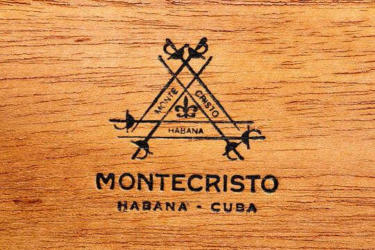 Cape Town, South Africa - January 28, 2022: Stamped brand logo of Cigar on cedar wood box