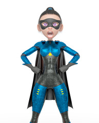 superheroine girl is yelling and also doing a power pose in white background