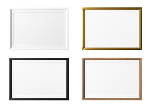 Set of horizontal picture frames isolated on white background. White, black, shiny golden and wooden frames with white paper border inside. Template, mockup for your picture or poster. 3d rendering.