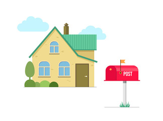 Red mailbox and house landscape. Post box with raised flag. Mail delivery concept. Receive letters and correspondence. Vector eps illustration