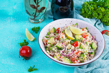 Vegetarian tabbouleh salad. Traditional Middle Eastern or Arabic cuisine