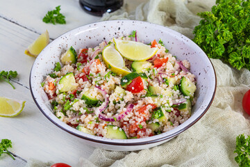 Vegetarian tabbouleh salad. Traditional Middle Eastern or Arabic cuisine