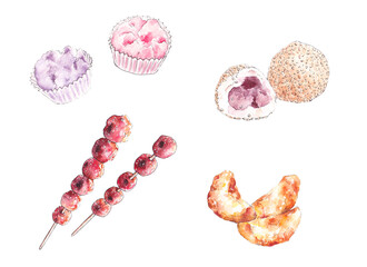 Chinese desserts watercolor set isolated on white background