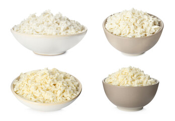 Set with delicious mozzarella cheese on white background