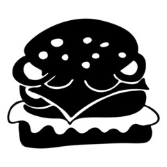 Isolate black and white illustration of burger. Icon or sign for eating, product or menu. Vector illustration