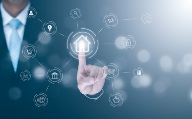 Businessman touch button Circular futuristic interface of smart home automation assistant on a virtual screen and a user touching a home button, digital big data and virtual technology,