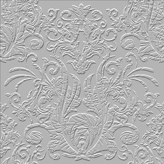 Floral textured 3d seamless pattern. Embossed white background. Repeat emboss flowers backdrop. Surface relief ornament in Baroque style. Modern design with embossing effect. Endless grunge texture