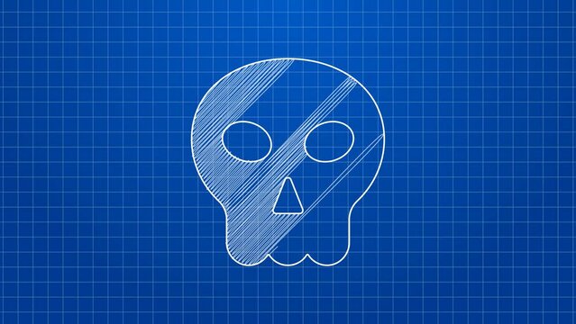 White line Skull icon isolated on blue background. Happy Halloween party. 4K Video motion graphic animation