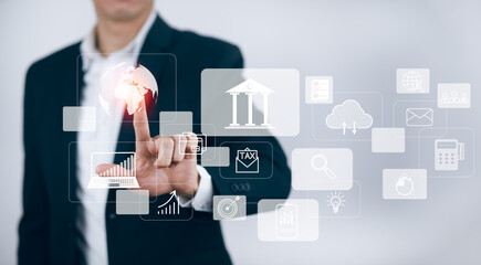 Businessman touchscreen on the graph Screen Icon of a media screen, Technology Process System Business with Communication and marketing concept, Team success, HR Human, Business success,Big data