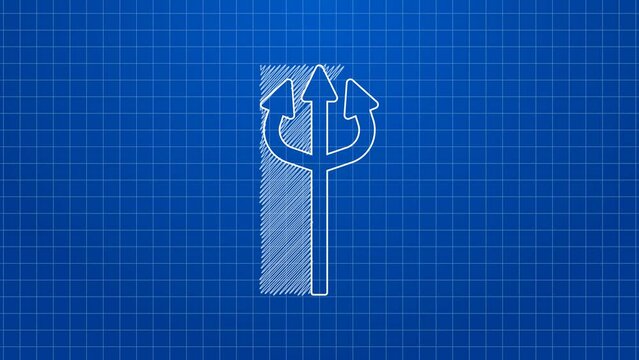 White line Trident devil icon isolated on blue background. Happy Halloween party. 4K Video motion graphic animation