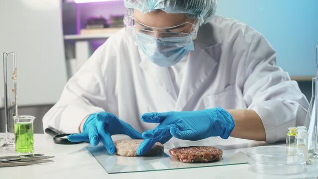 Medical scientist inspecting minced vegan meat, wearing protective unform, working in laboratory. Food research, genetic Modifications of Product. Microbiologist analyzing lab-grown pieces of meat.