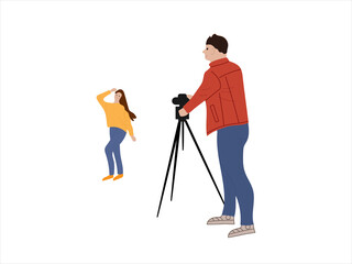 A young girl poses for a photographer in front of the camera. Photo session for business. The photographer shoots a woman on the camera. Flat vector illustration isolated on white background.