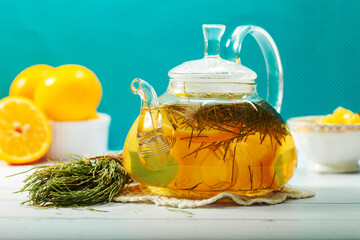 Horsetail tea (Equisetum arvense) in a beautiful glass teapot