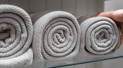 Gray towels or blankets rolled up. Selective focus