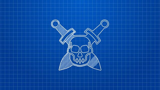 White line Crossed medieval sword with skull icon isolated on blue background. Medieval weapon. 4K Video motion graphic animation