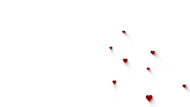 Red hearts with shadows gliding down on clean white copy space background valentine's day amour concept background.