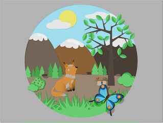 Fox in the forest with butterfly