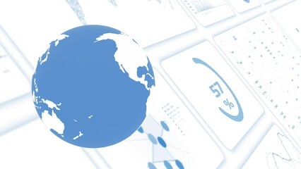 White clean business infographic data statistics on a computer digital wall with planet Earth globe animation background.