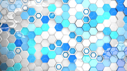 Structure background of blue, cyan and white reflective hexagons in random position reflecting a chemical formula