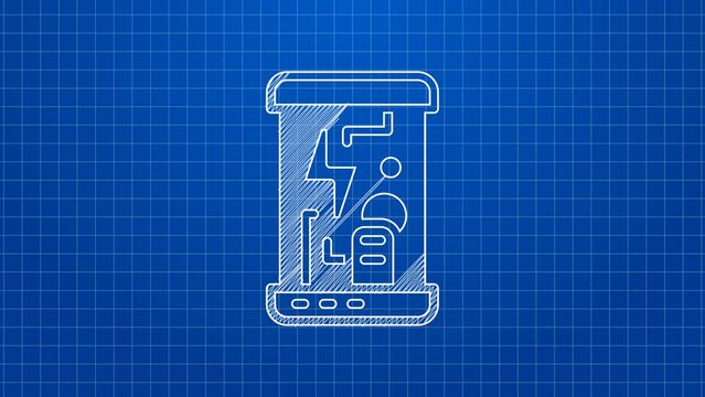 White line Futuristic cryogenic capsules or containers icon isolated on blue background. Cryonic technology for humans or cryogenic chamber. 4K Video motion graphic animation