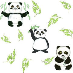 Panda pattern with bamboo leaves. vector illustration. 
