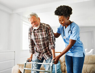 nurse doctor senior care caregiver help walker assistence retirement home nursing elderly man black...