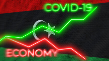 Libya Flag and COVID-19 Coronavirus Economy Neon Titles – 3D Illustration