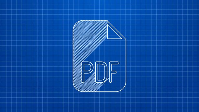 White line PDF file document. Download pdf button icon isolated on blue background. PDF file symbol. 4K Video motion graphic animation