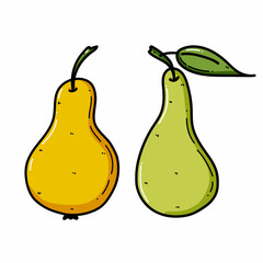Pear doodle illustration. Sweet fruit with a leaf, natural product. Flat cartoon illustration. Hand-drawn fruits in bright colors.