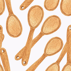 Watercolor pattern with wooden spoons on a white background