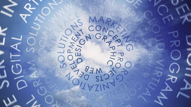 Concept business web marketing solutions circle word cloud on bright blue skies background seamless loop animation background.