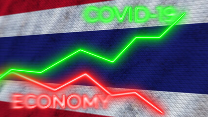 Fototapeta premium Thailand Flag and COVID-19 Coronavirus Economy Neon Titles – 3D Illustration