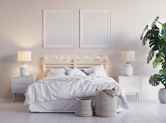 Fototapeta na wymiar White bedroom interior with big plant, lamps, baskets and two picture mock up on the wall. 3D render. 3D illustration.