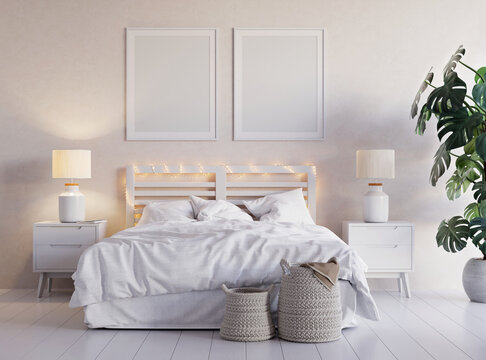White bedroom interior with big plant, lamps, baskets and two picture mock up on the wall. 3D render. 3D illustration.
