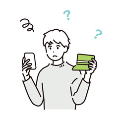 スマートフォンの画面と通帳を見比べて悩む男性のイラスト素材