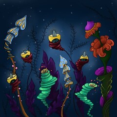 Obraz na płótnie Canvas fabulous flowers night fireflies bright juicy neon underwater world