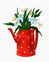 flowers in a watering can summer bouquet chamomile red polka dots