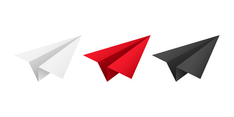 Set of paper airplanes. White, red and black airplanes. Vector clipart isolated on white background.