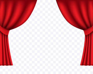 Red curtains. Vector chic drapes gathered on the sides. Vector clipart isolated on transparent background.
